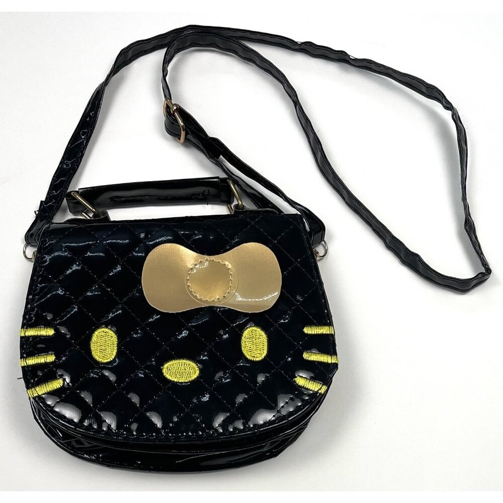 Sanrio HELLO KITTY 6.75"x5.5 Black Patent Crossbody PURSE Handbag Yellow EUC